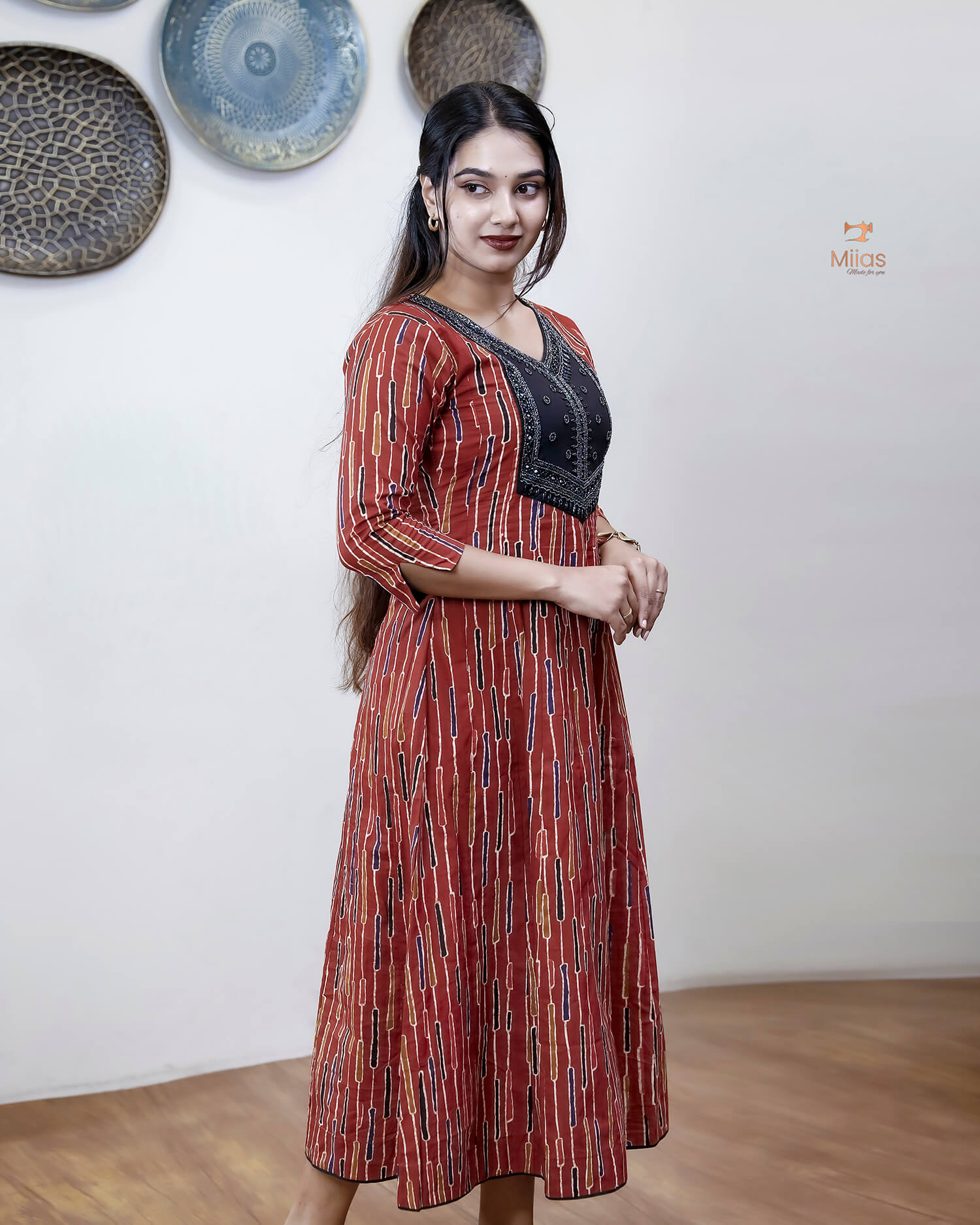 Printed Cotton Kurti | Beaded, Mirror Work Panel-Cut Design-Brick Red Stripes.