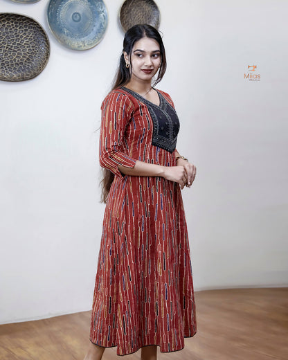 Printed Cotton Kurti | Beaded, Mirror Work Panel-Cut Design-Brick Red Stripes.