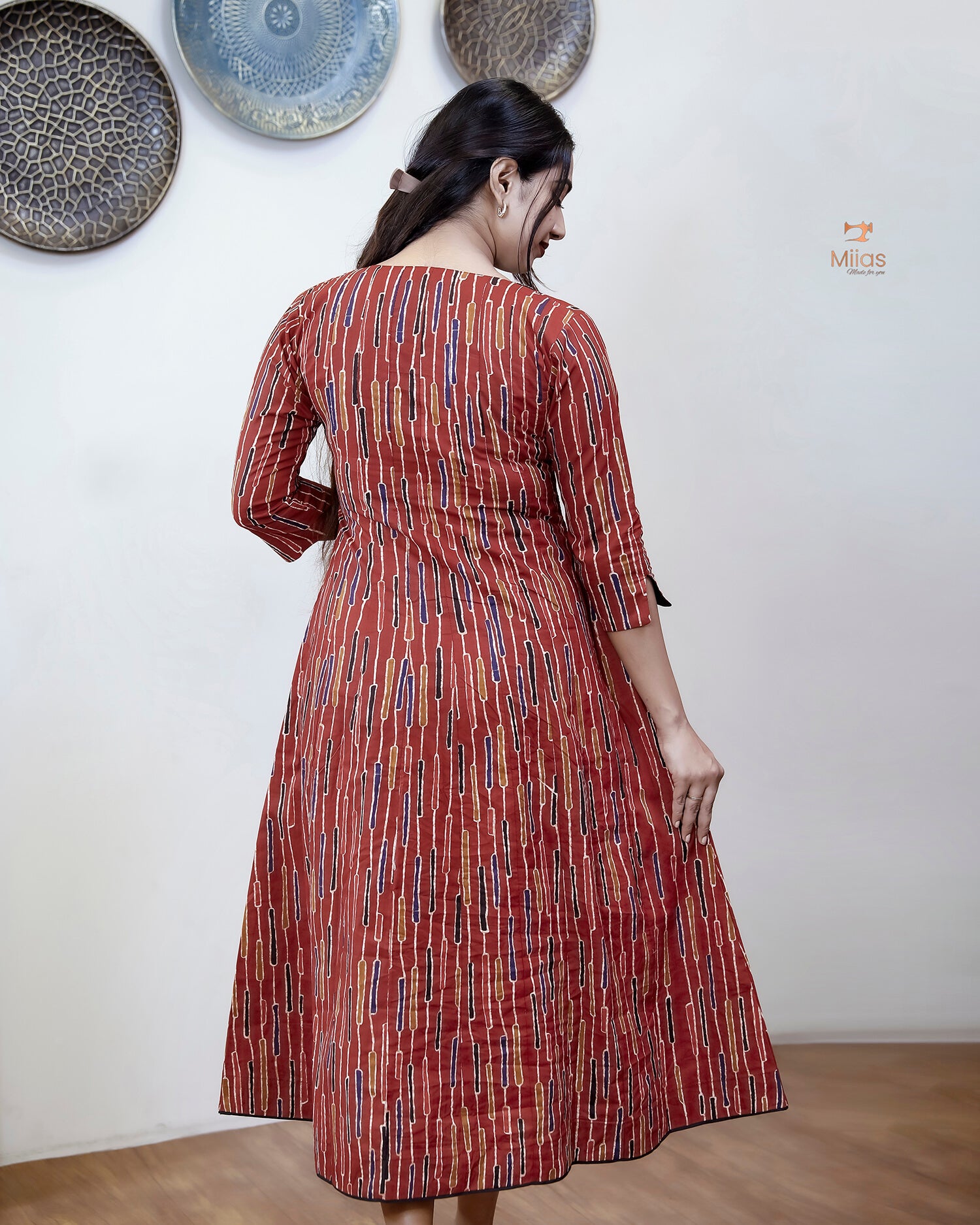 Printed Cotton Kurti | Beaded, Mirror Work Panel-Cut Design-Brick Red Stripes.