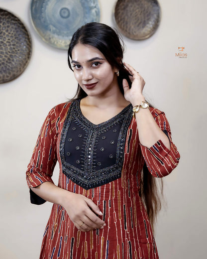 Printed Cotton Kurti | Beaded, Mirror Work Panel-Cut Design-Brick Red Stripes.