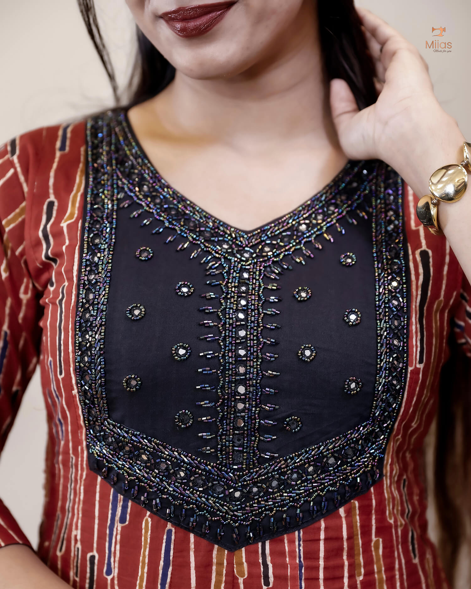 Printed Cotton Kurti | Beaded, Mirror Work Panel-Cut Design-Brick Red Stripes.