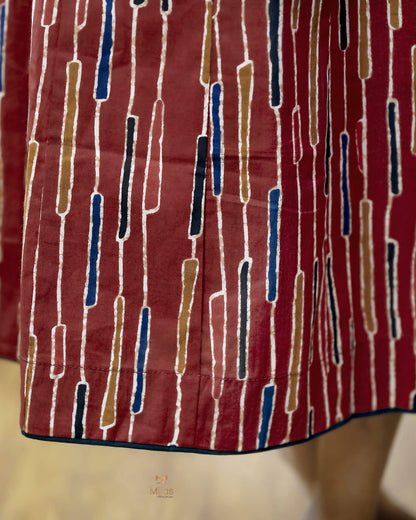 Printed Cotton Kurti | Beaded, Mirror Work Panel-Cut Design-Brick Red Stripes.