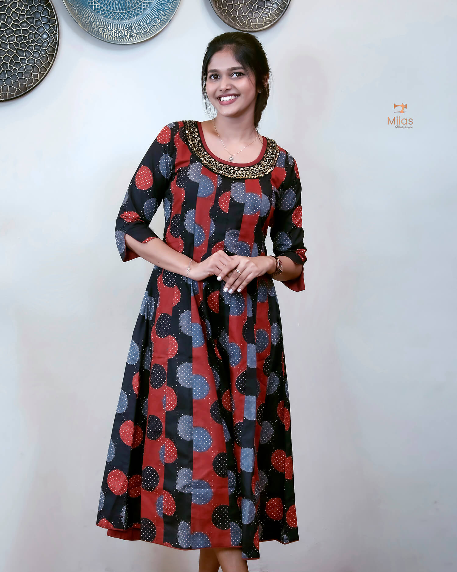 Ajrakh Cotton Kurti with Beaded Neckline & Sequins-Black