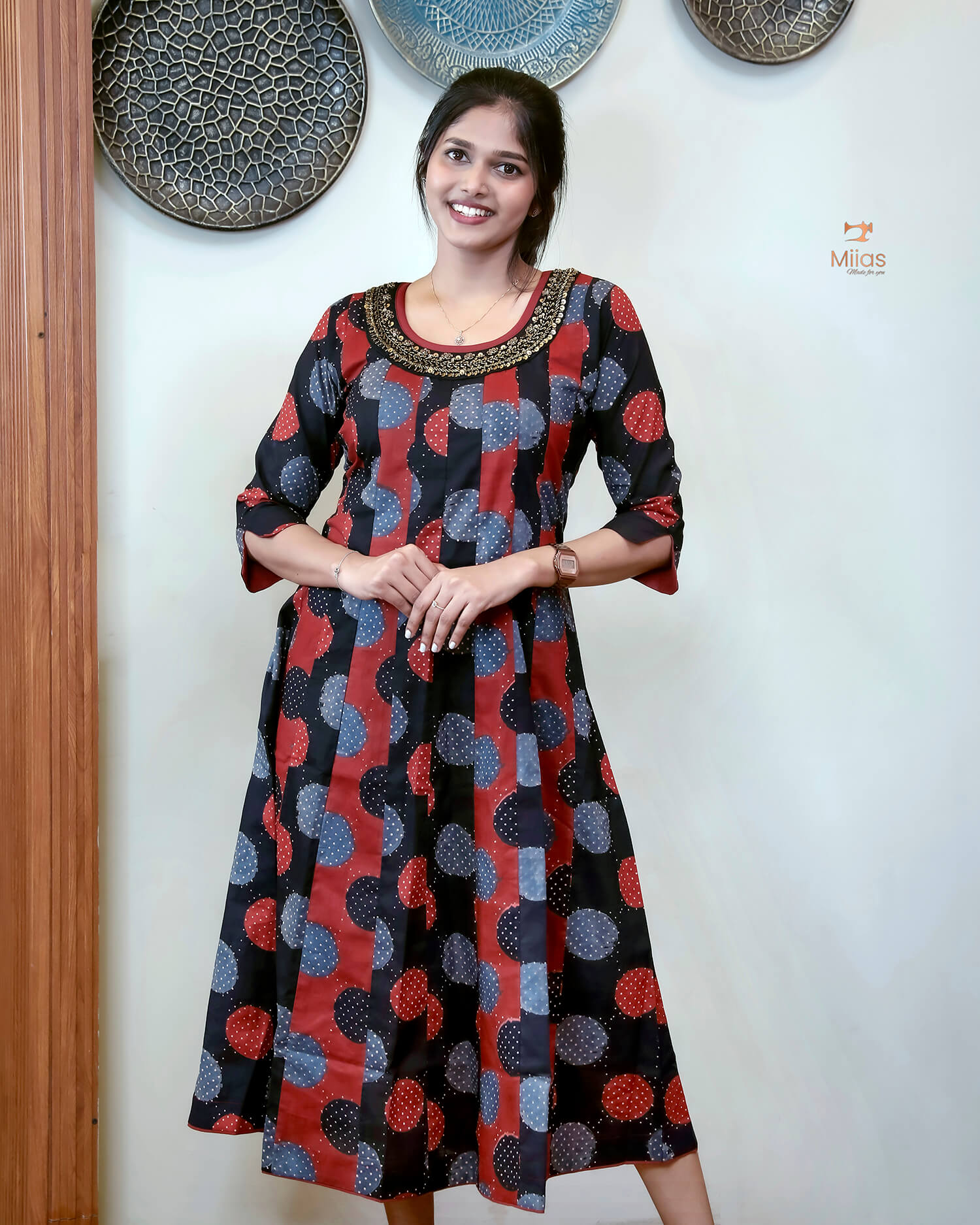 Ajrakh Cotton Kurti with Beaded Neckline & Sequins-Black