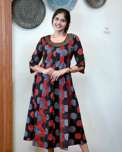 Ajrakh Cotton Kurti with Beaded Neckline & Sequins-Black