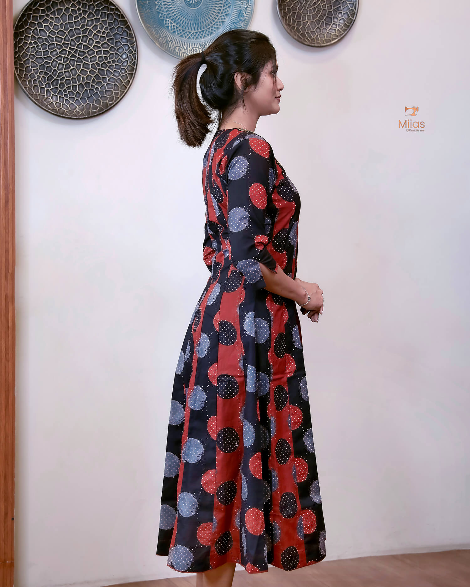 Ajrakh Cotton Kurti with Beaded Neckline & Sequins-Black