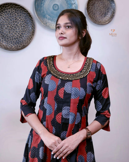 Ajrakh Cotton Kurti with Beaded Neckline & Sequins-Black