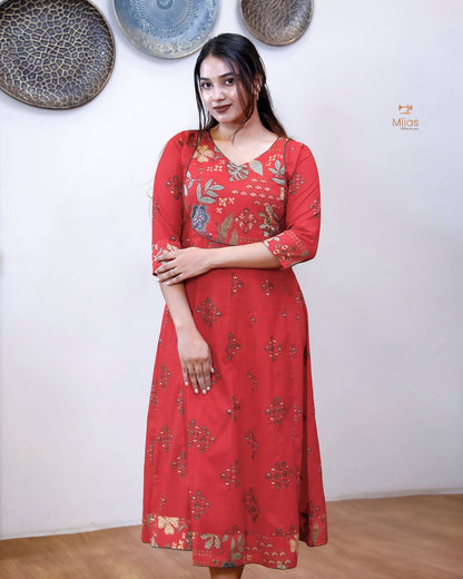 Cotton Kurti with Mirror Work & Contrast Yoke-Chilly Red.