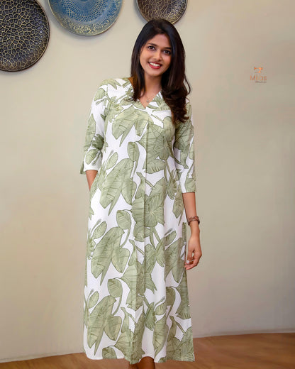 Imported Rayon Cotton A-Line Kurti with Flowing Fit & Side Pocket-White and Green