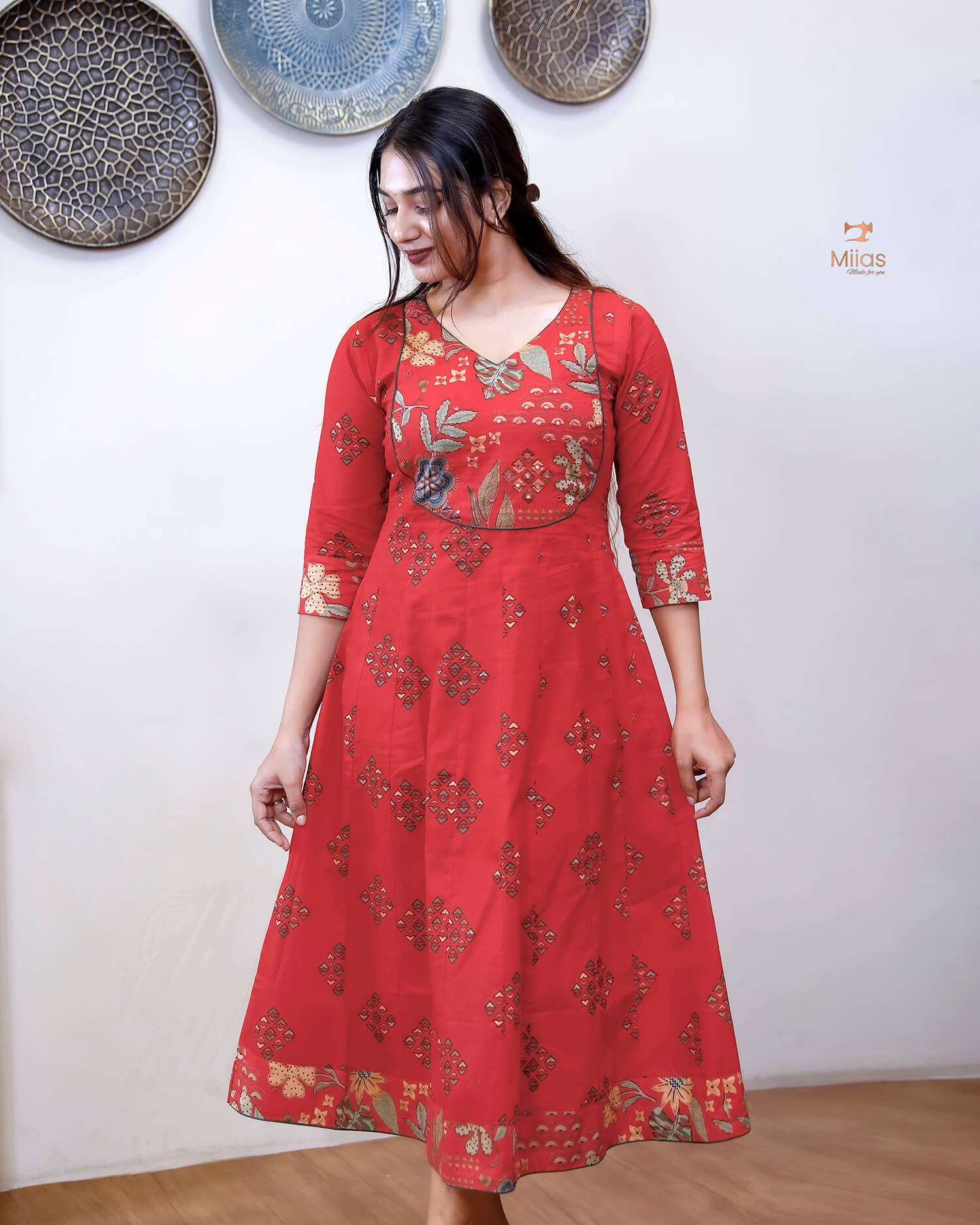 Cotton Kurti with Mirror Work & Contrast Yoke-Chilly Red.
