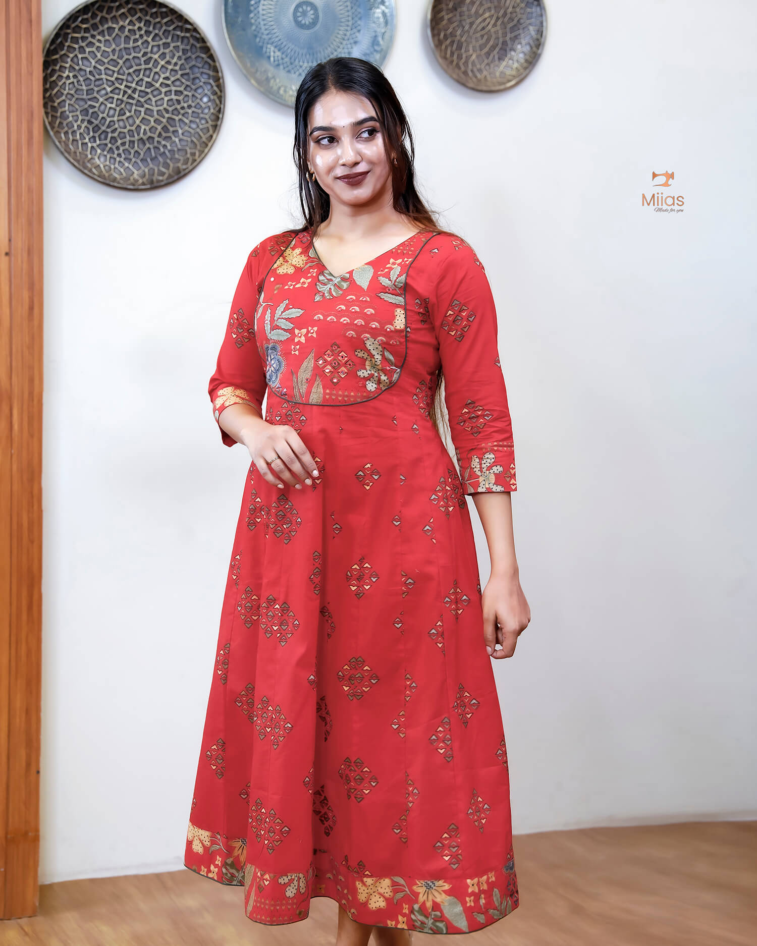 Cotton Kurti with Mirror Work & Contrast Yoke-Chilly Red.