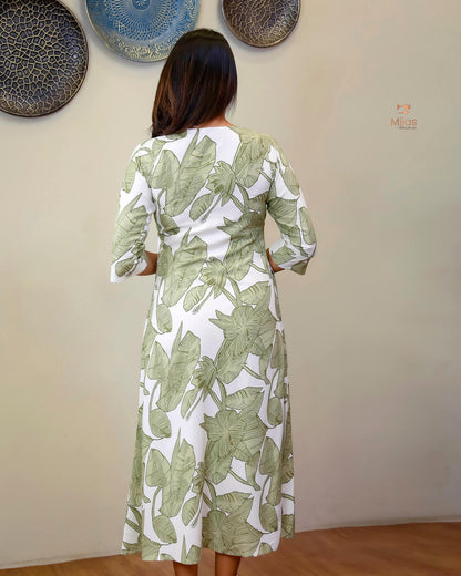 Imported Rayon Cotton A-Line Kurti with Flowing Fit & Side Pocket-White and Green