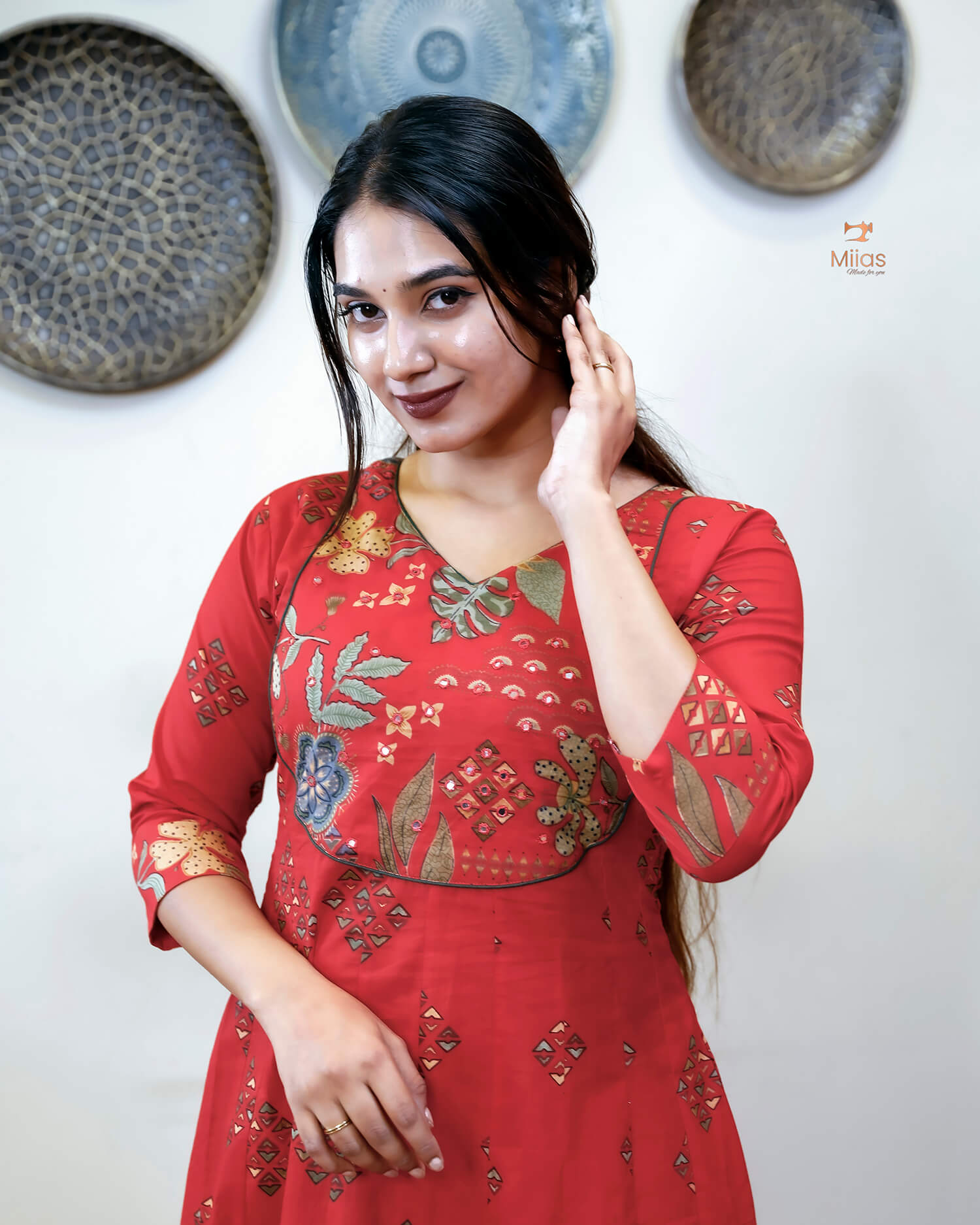 Cotton Kurti with Mirror Work & Contrast Yoke-Chilly Red.