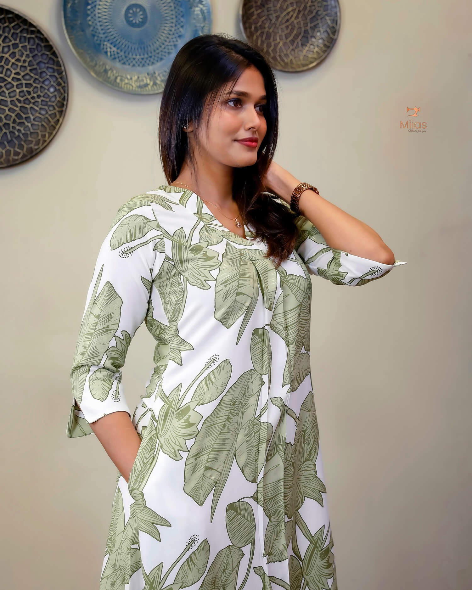 Imported Rayon Cotton A-Line Kurti with Flowing Fit & Side Pocket-White and Green