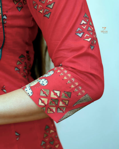 Cotton Kurti with Mirror Work & Contrast Yoke-Chilly Red.