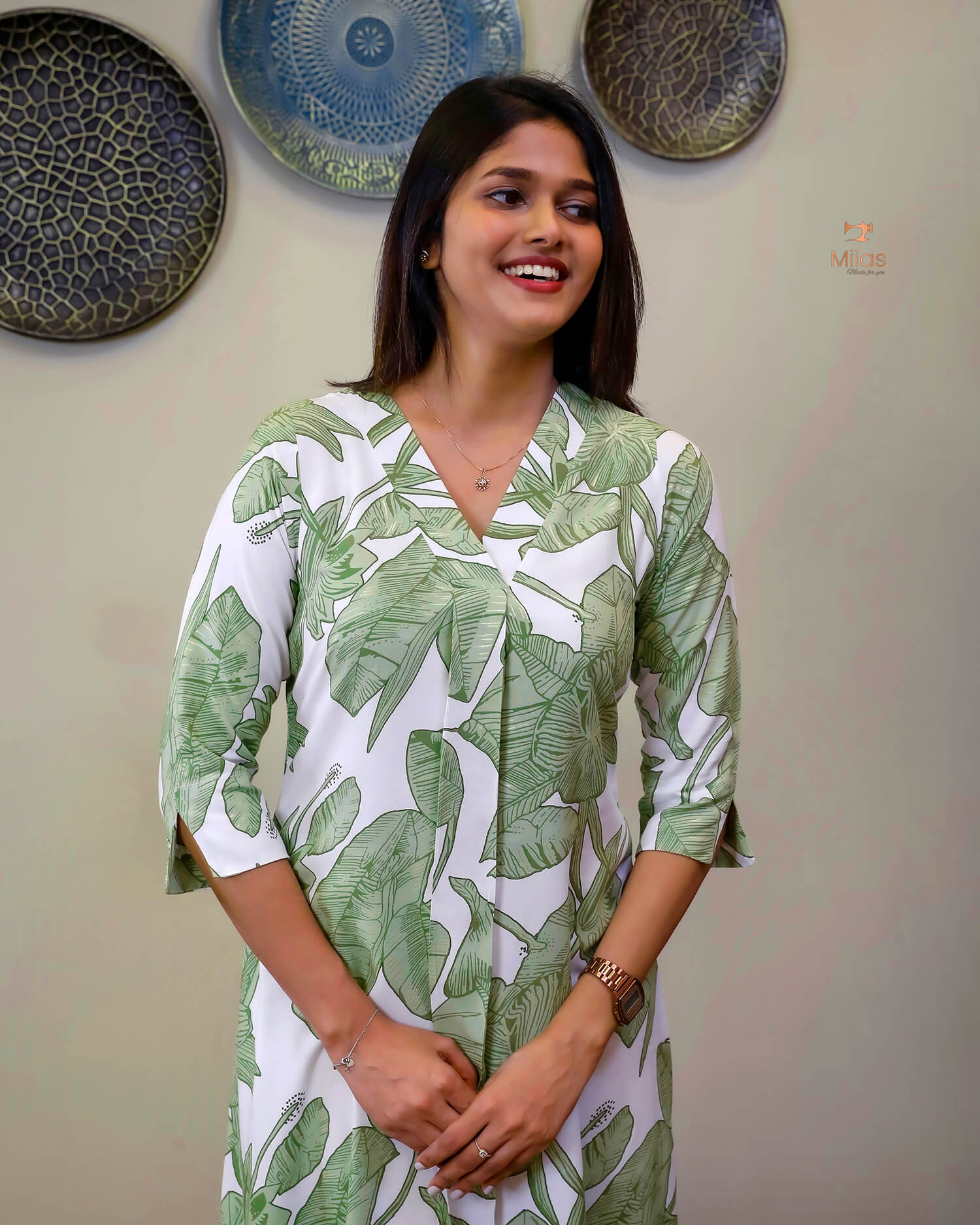 Imported Rayon Cotton A-Line Kurti with Flowing Fit & Side Pocket-White and Green