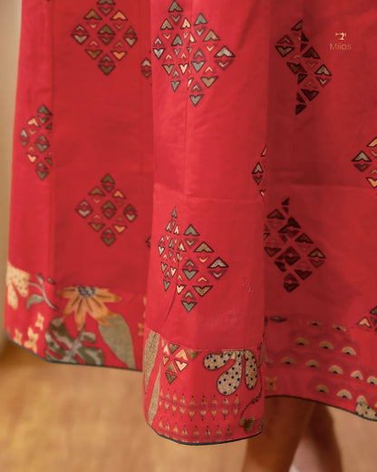 Cotton Kurti with Mirror Work & Contrast Yoke-Chilly Red.