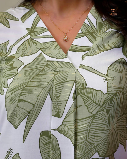 Imported Rayon Cotton A-Line Kurti with Flowing Fit & Side Pocket-White and Green