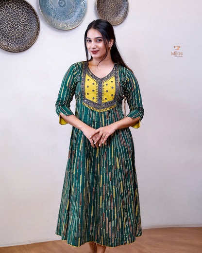 Printed Cotton Kurti | Beaded, Mirror Work Panel-Cut Design-Green Stripes.