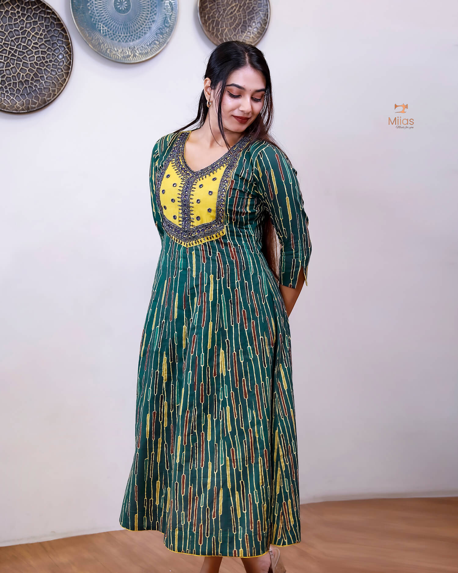 Printed Cotton Kurti | Beaded, Mirror Work Panel-Cut Design-Green Stripes.