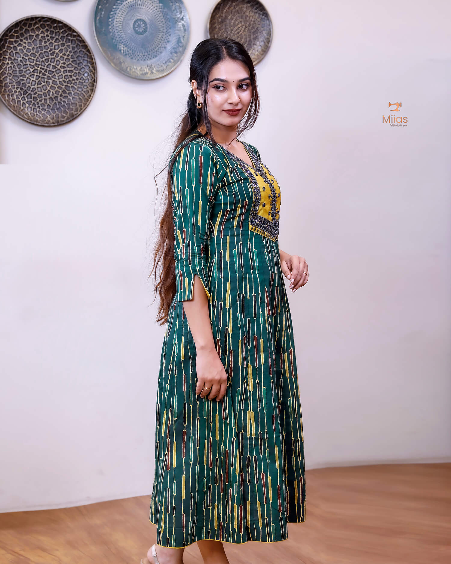 Printed Cotton Kurti | Beaded, Mirror Work Panel-Cut Design-Green Stripes.
