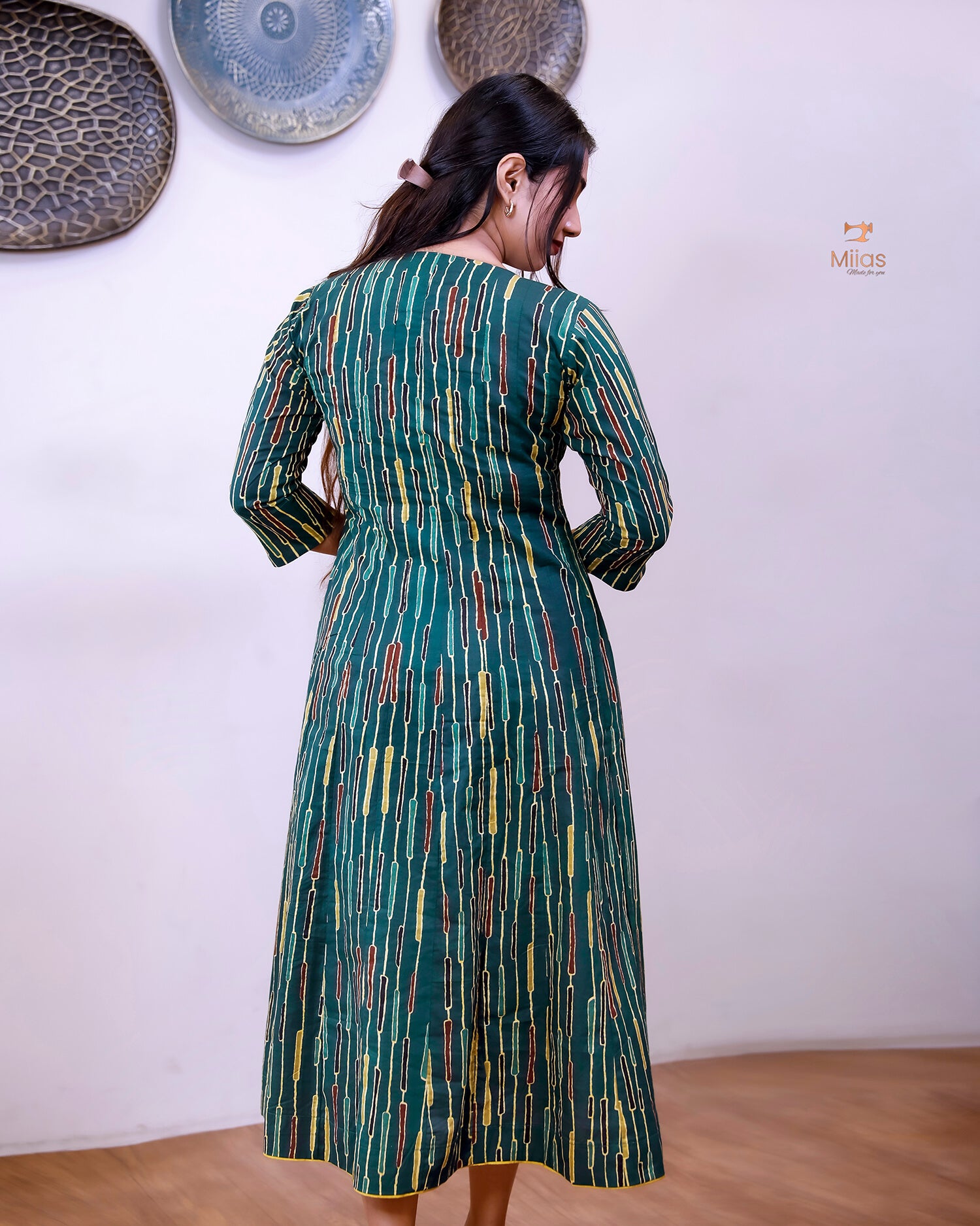 Printed Cotton Kurti | Beaded, Mirror Work Panel-Cut Design-Green Stripes.