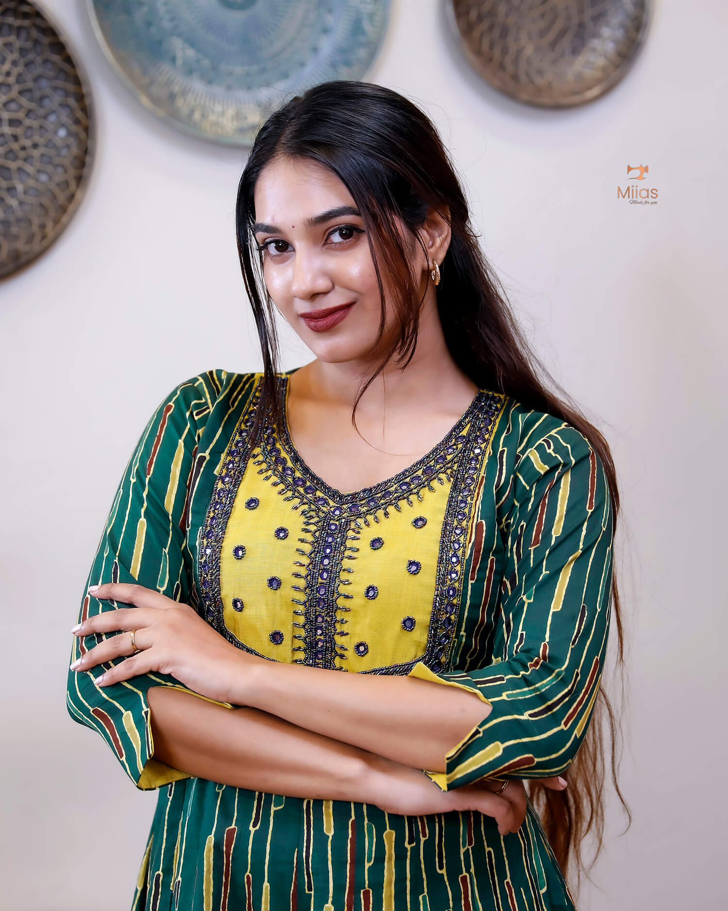 Printed Cotton Kurti | Beaded, Mirror Work Panel-Cut Design-Green Stripes.