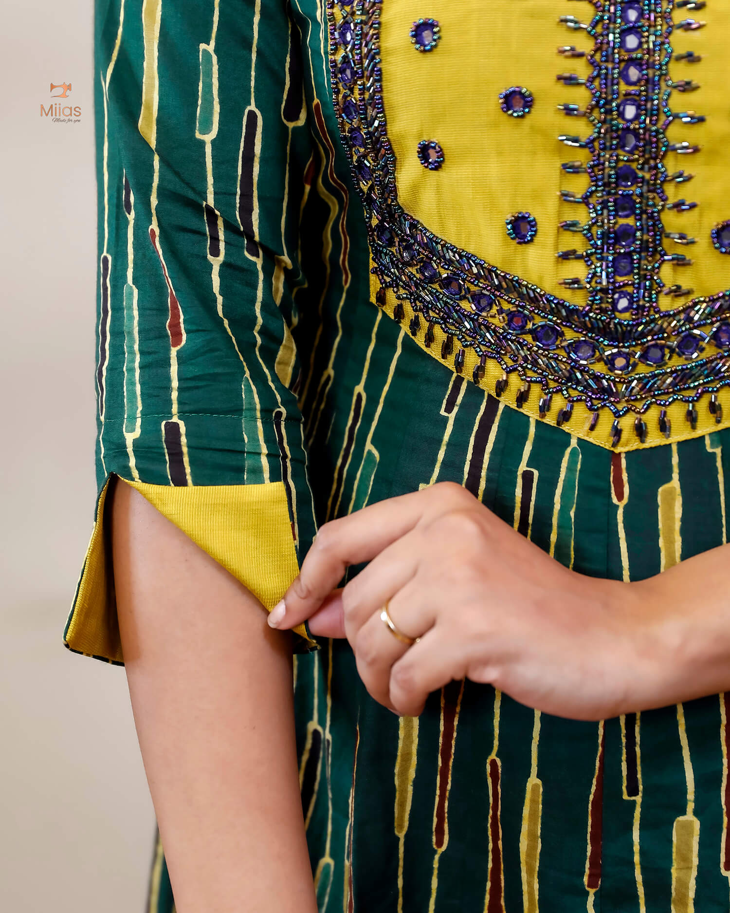 Printed Cotton Kurti | Beaded, Mirror Work Panel-Cut Design-Green Stripes.