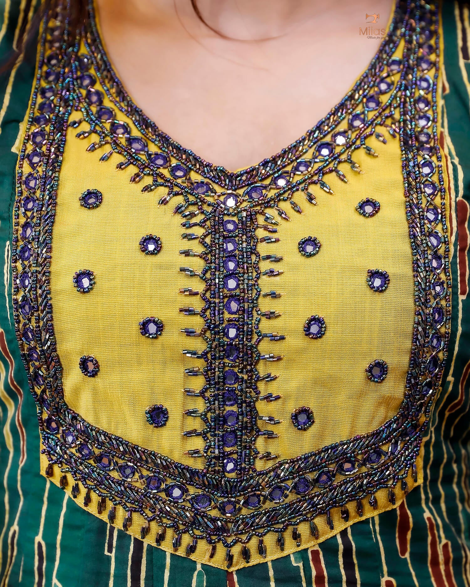 Printed Cotton Kurti | Beaded, Mirror Work Panel-Cut Design-Green Stripes.
