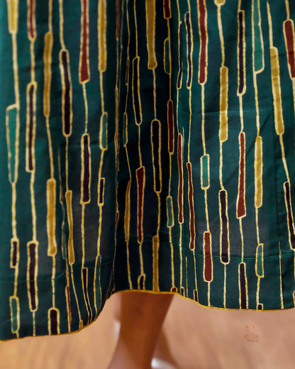 Printed Cotton Kurti | Beaded, Mirror Work Panel-Cut Design-Green Stripes.