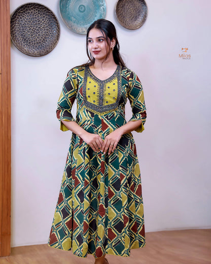 Printed Cotton Kurti | Beaded, Mirror Work Panel-Cut Design-Yellow.