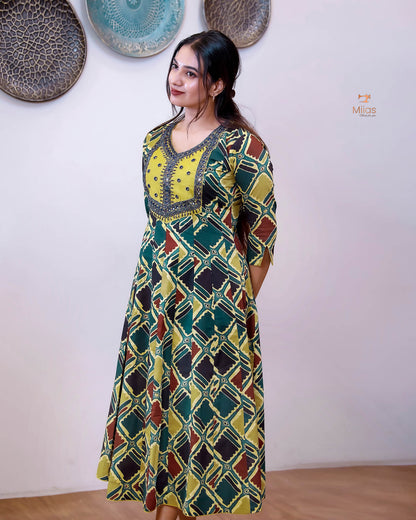 Printed Cotton Kurti | Beaded, Mirror Work Panel-Cut Design-Yellow.