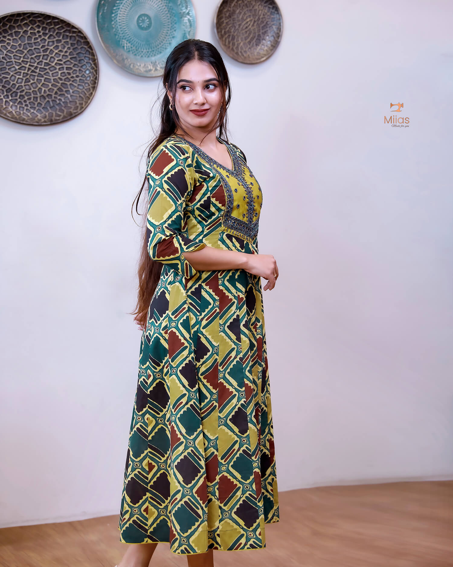 Printed Cotton Kurti | Beaded, Mirror Work Panel-Cut Design-Yellow.