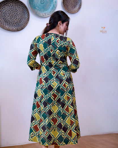 Printed Cotton Kurti | Beaded, Mirror Work Panel-Cut Design-Yellow.