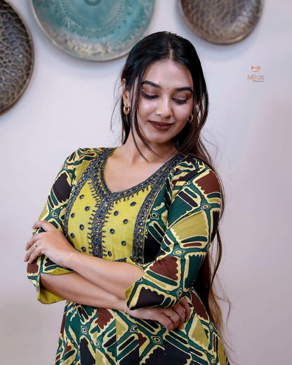 Printed Cotton Kurti | Beaded, Mirror Work Panel-Cut Design-Yellow.