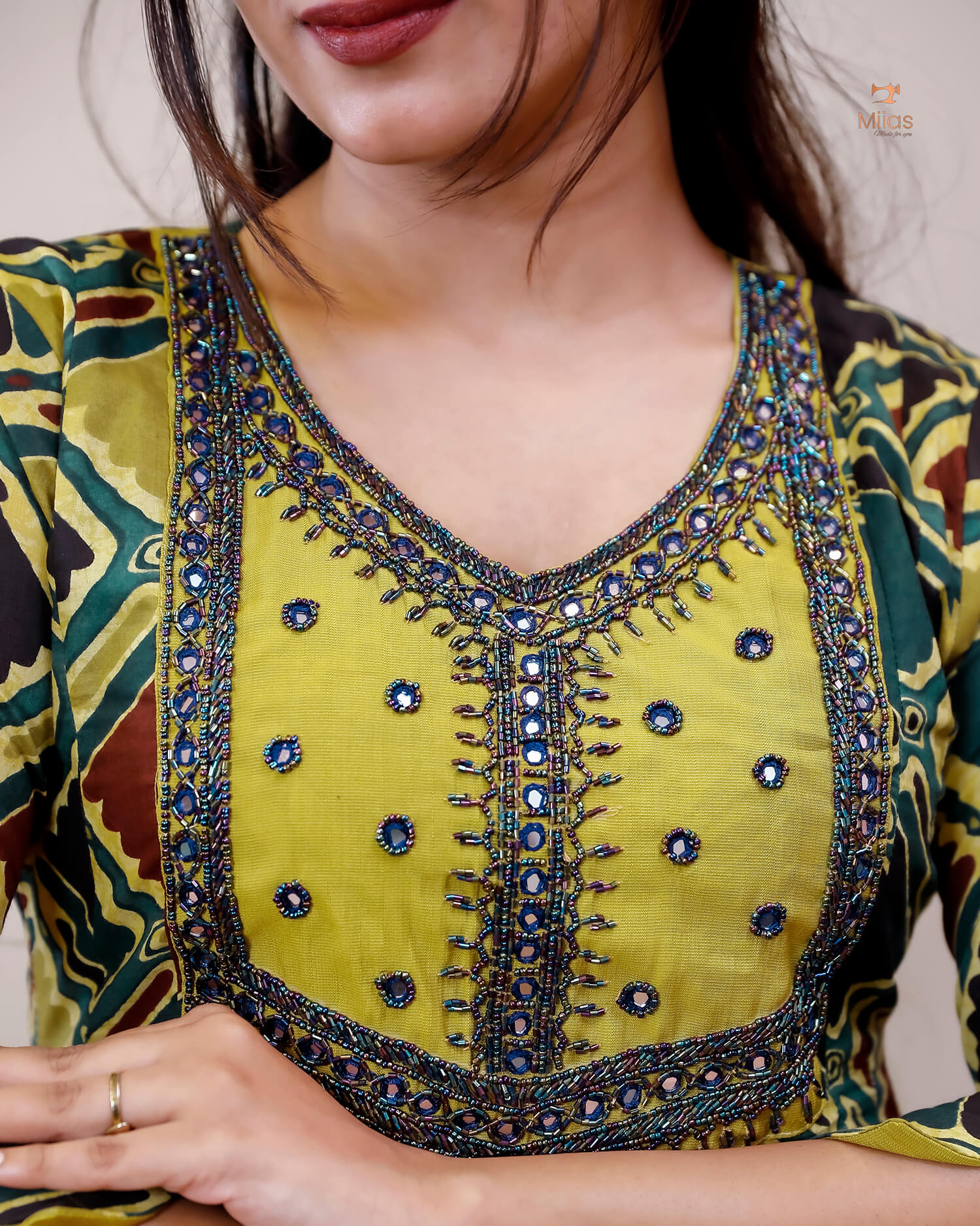 Printed Cotton Kurti | Beaded, Mirror Work Panel-Cut Design-Yellow.