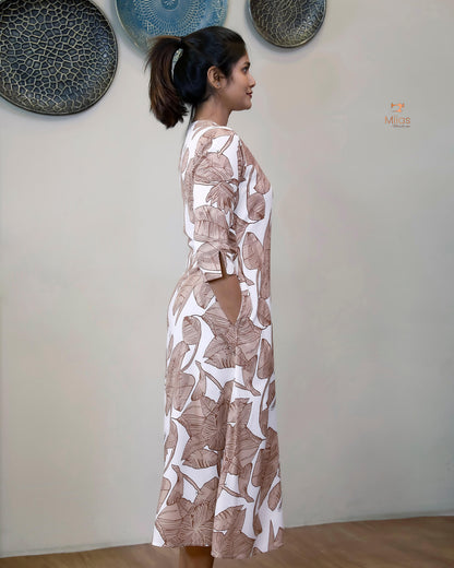 Imported Rayon Cotton A-Line Kurti with Flowing Fit & Side Pocket-White and Brown