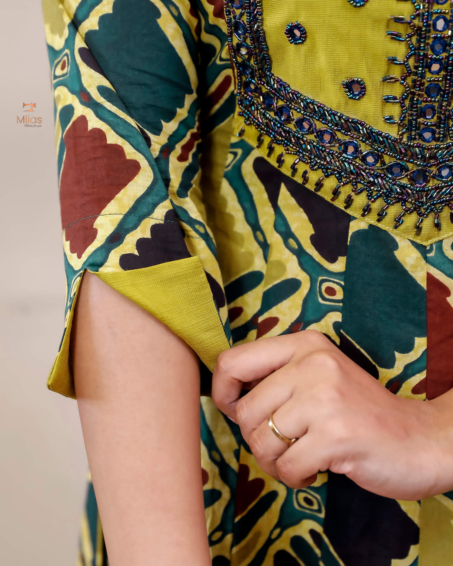 Printed Cotton Kurti | Beaded, Mirror Work Panel-Cut Design-Yellow.