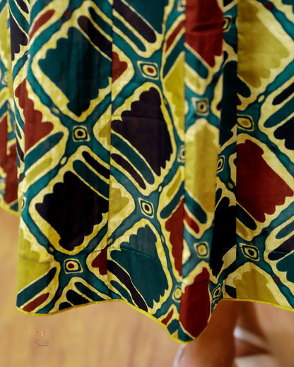 Printed Cotton Kurti | Beaded, Mirror Work Panel-Cut Design-Yellow.