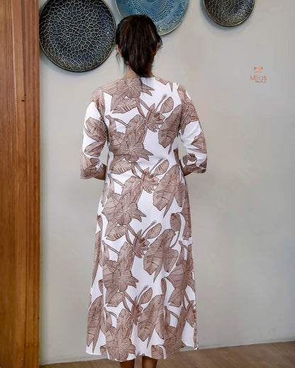 Imported Rayon Cotton A-Line Kurti with Flowing Fit & Side Pocket-White and Brown