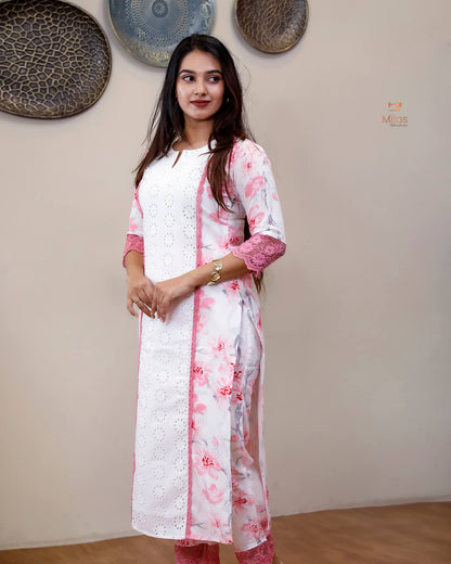 Cotton Co-ord Set with Chiffon Dupatta & Lace-Light Pink.
