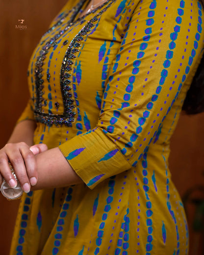Panel-Cut Kurti | South Cotton | Heavy Bead & Mirror Work