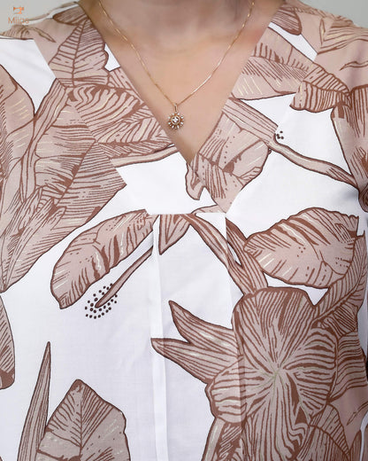 Imported Rayon Cotton A-Line Kurti with Flowing Fit & Side Pocket-White and Brown