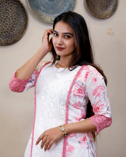 Cotton Co-ord Set with Chiffon Dupatta & Lace-Light Pink.
