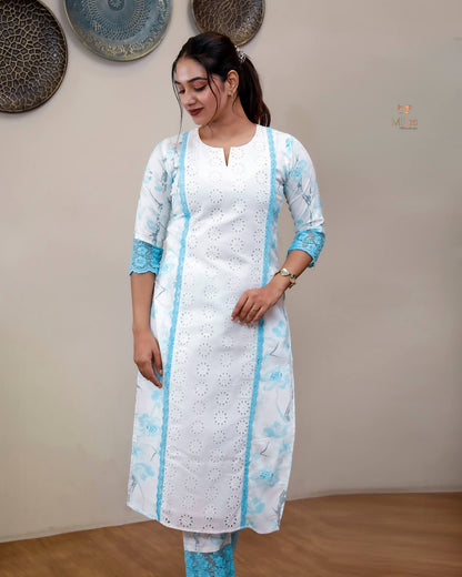 Cotton Co-ord Set with Chiffon Dupatta & Lace-Light Blue.