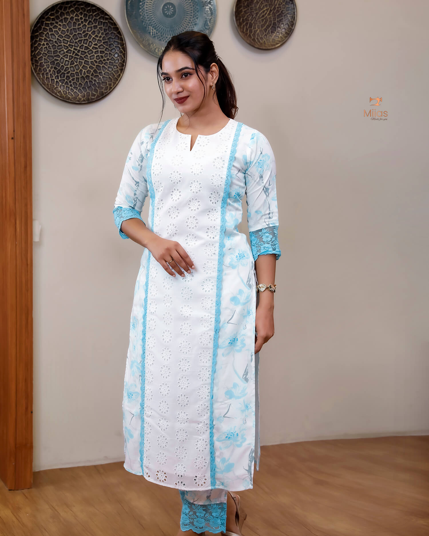Cotton Co-ord Set with Chiffon Dupatta & Lace-Light Blue.