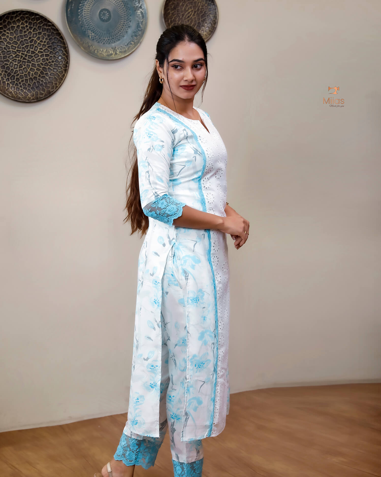 Cotton Co-ord Set with Chiffon Dupatta & Lace-Light Blue.