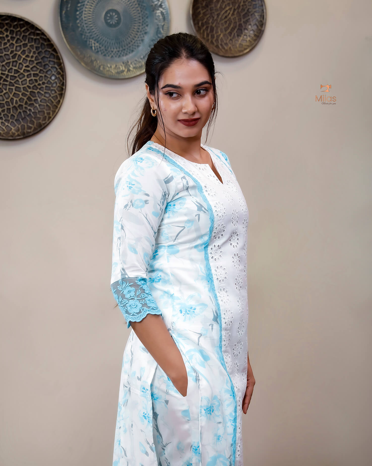 Cotton Co-ord Set with Chiffon Dupatta & Lace-Light Blue.