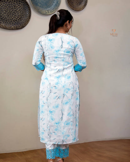 Cotton Co-ord Set with Chiffon Dupatta & Lace-Light Blue.