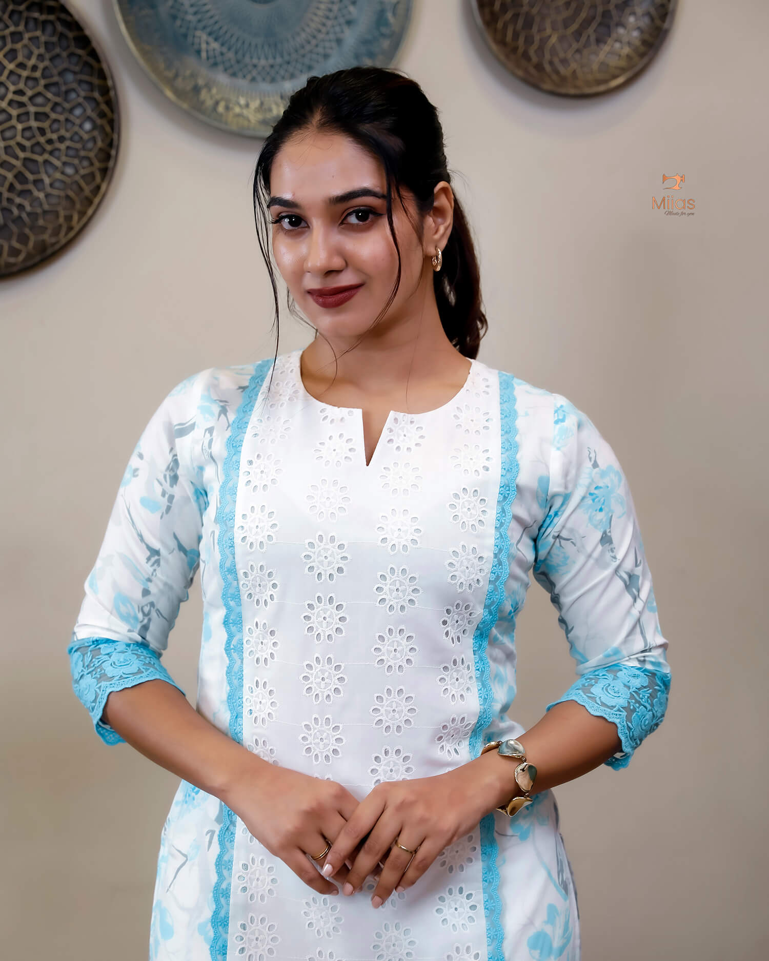 Cotton Co-ord Set with Chiffon Dupatta & Lace-Light Blue.